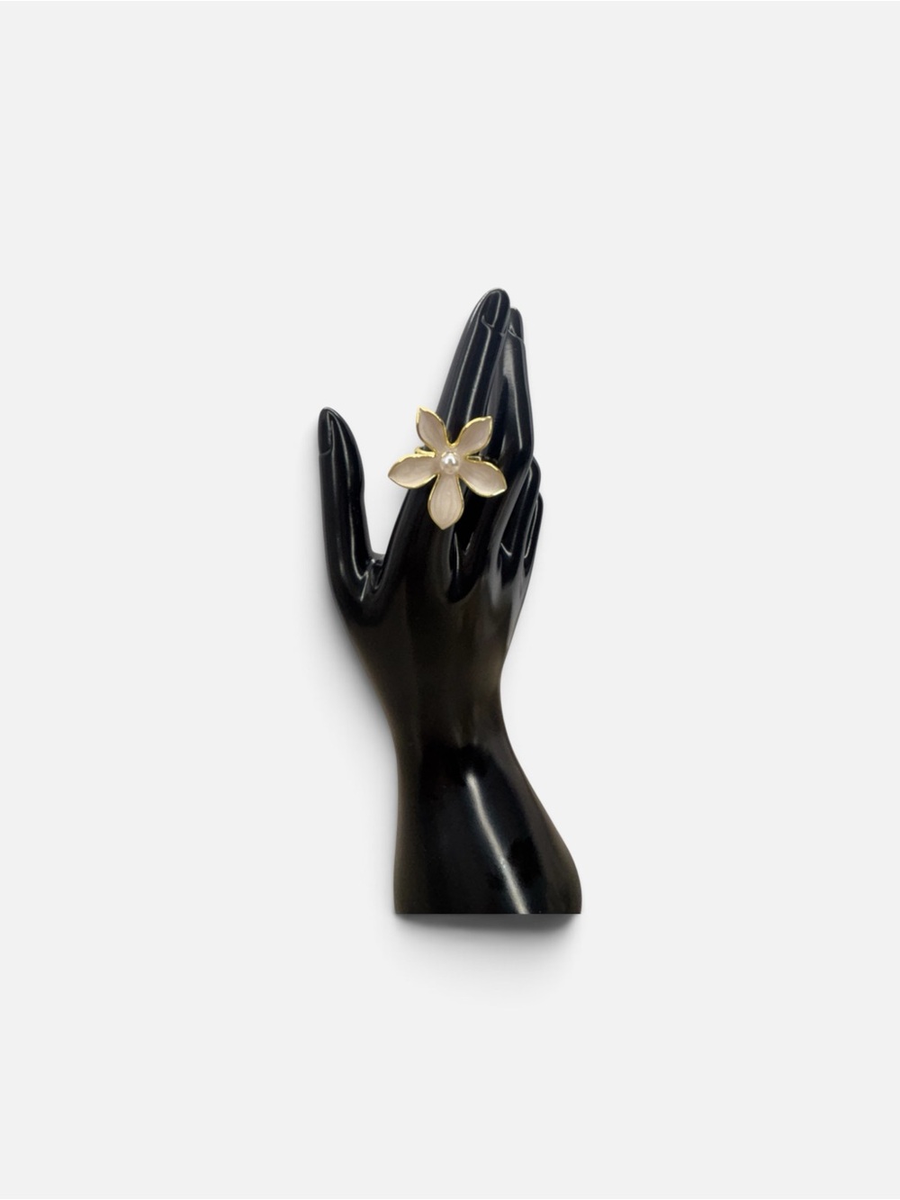 Gold Filled White Enamel Flower Adjustable Ring w/ Pearl Center